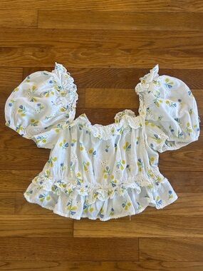 Zara White Lemon-Print Puff Sleeve Crop Top